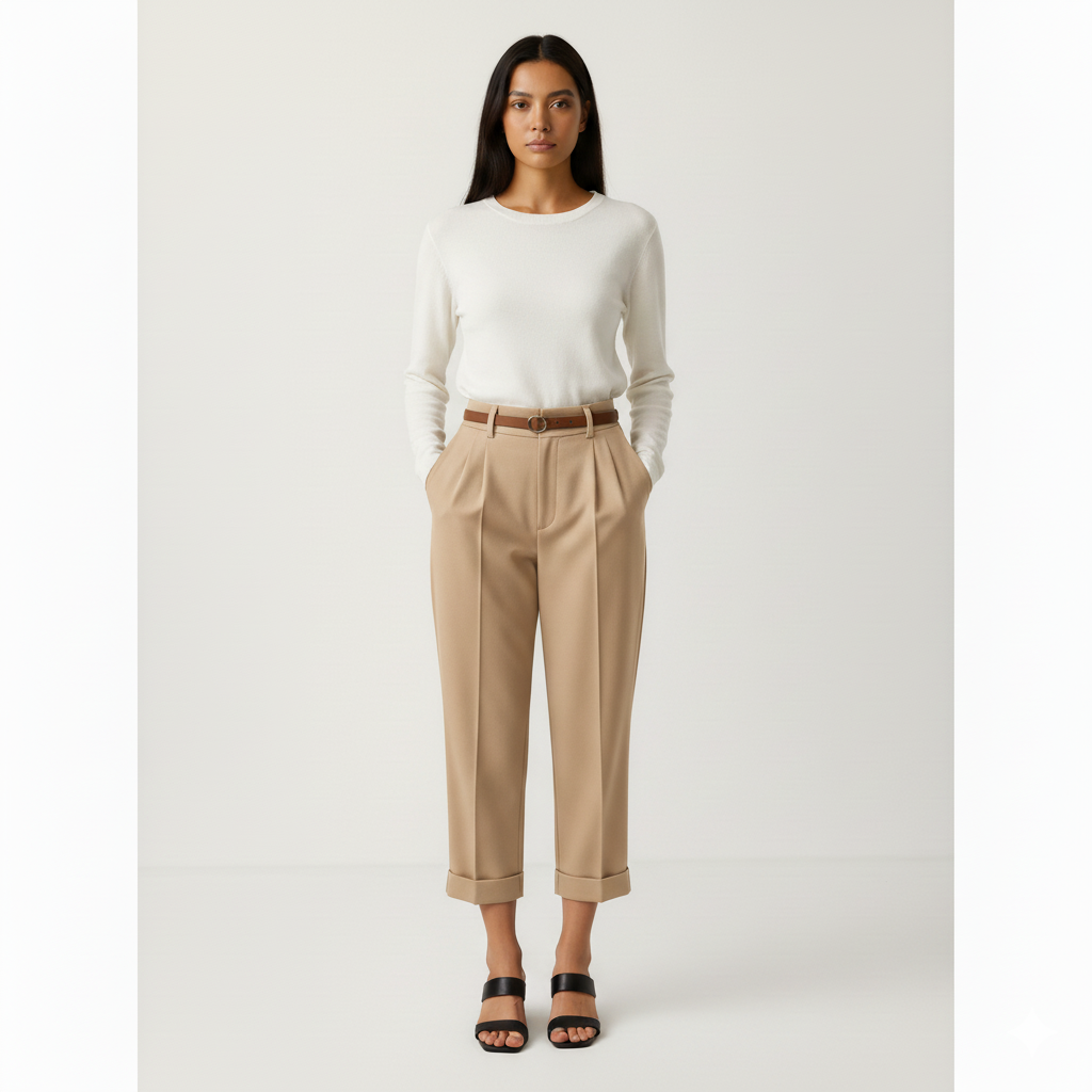 Pantalon Tailleur Pour Femme Taille Haute Coupe Droite Courte Avec Ceinture Amovible Et Plis