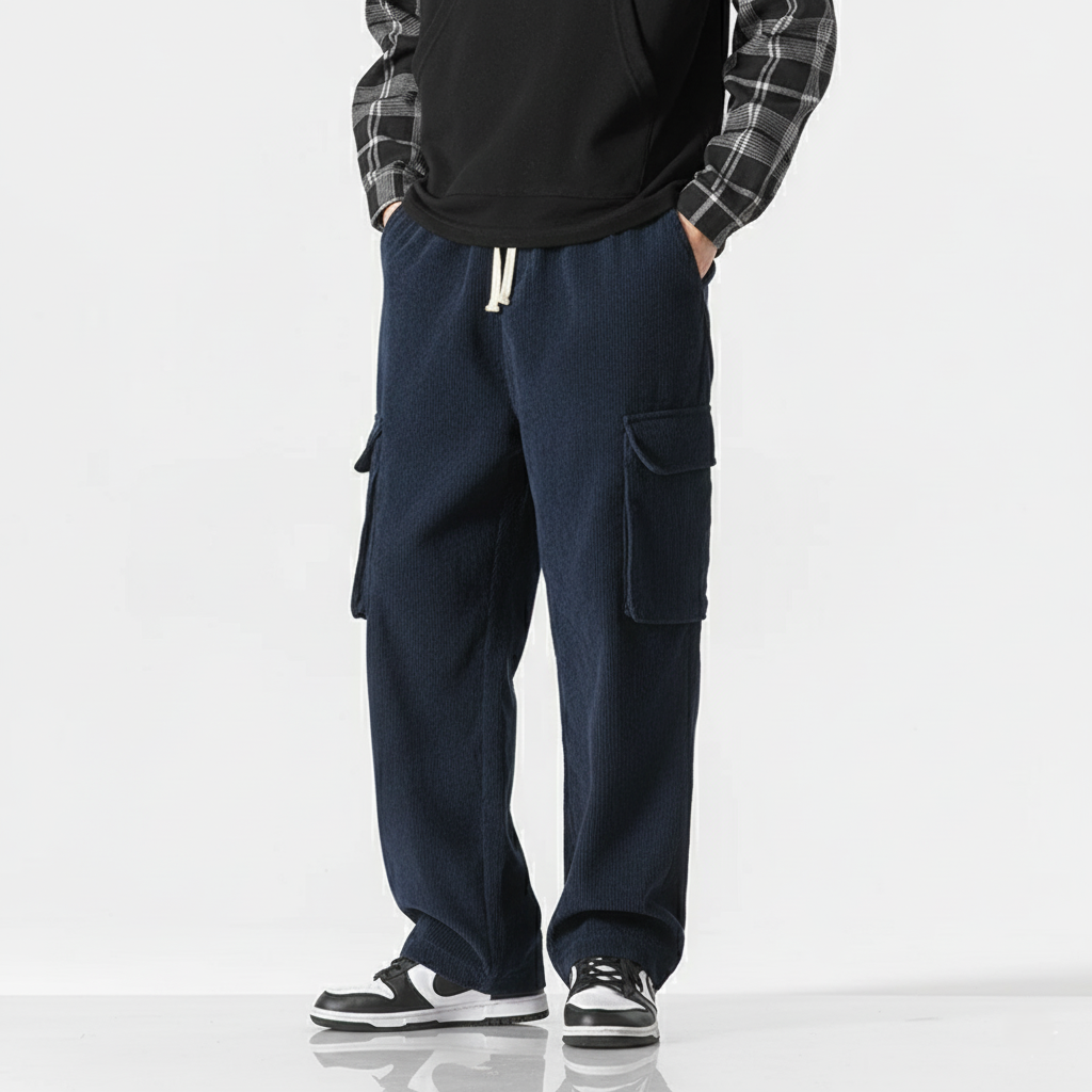 Pantalon Cargo En Velours Côté́lé Décontracté Avec Poches Cargo Surdimensionnées Et Taille À Cordon