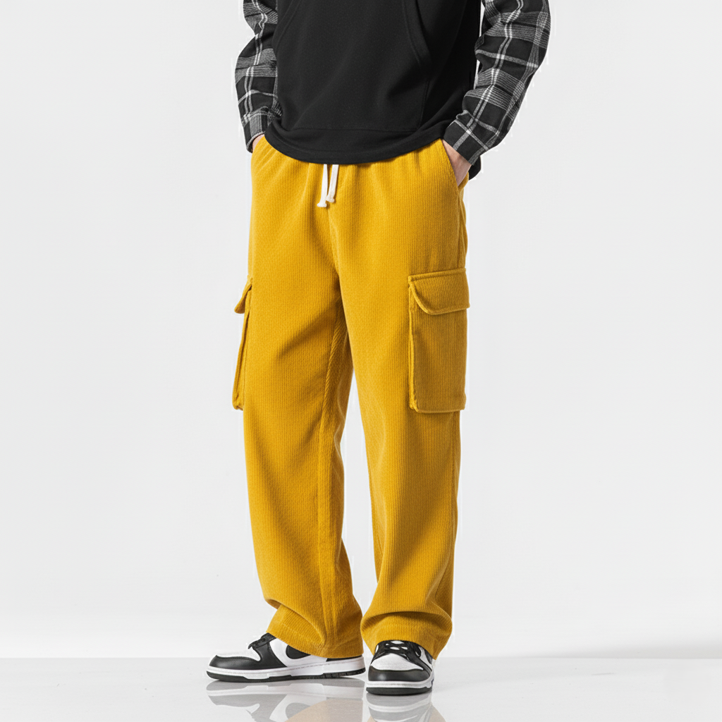Pantalon Cargo En Velours Côté́lé Décontracté Avec Poches Cargo Surdimensionnées Et Taille À Cordon