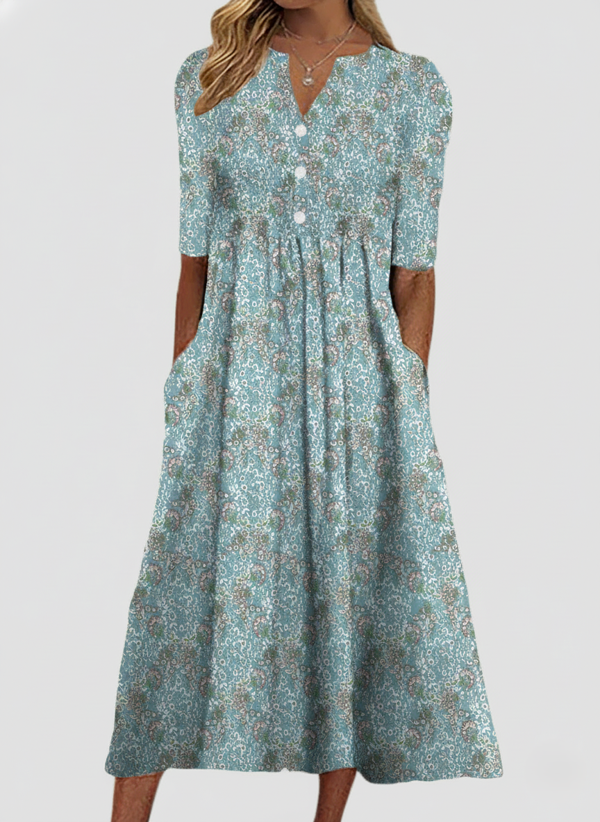Robe Midi Femme Fluide Col V Coupe A Ligne Imprimé Floral Polyvalente Pour Jour Nuit