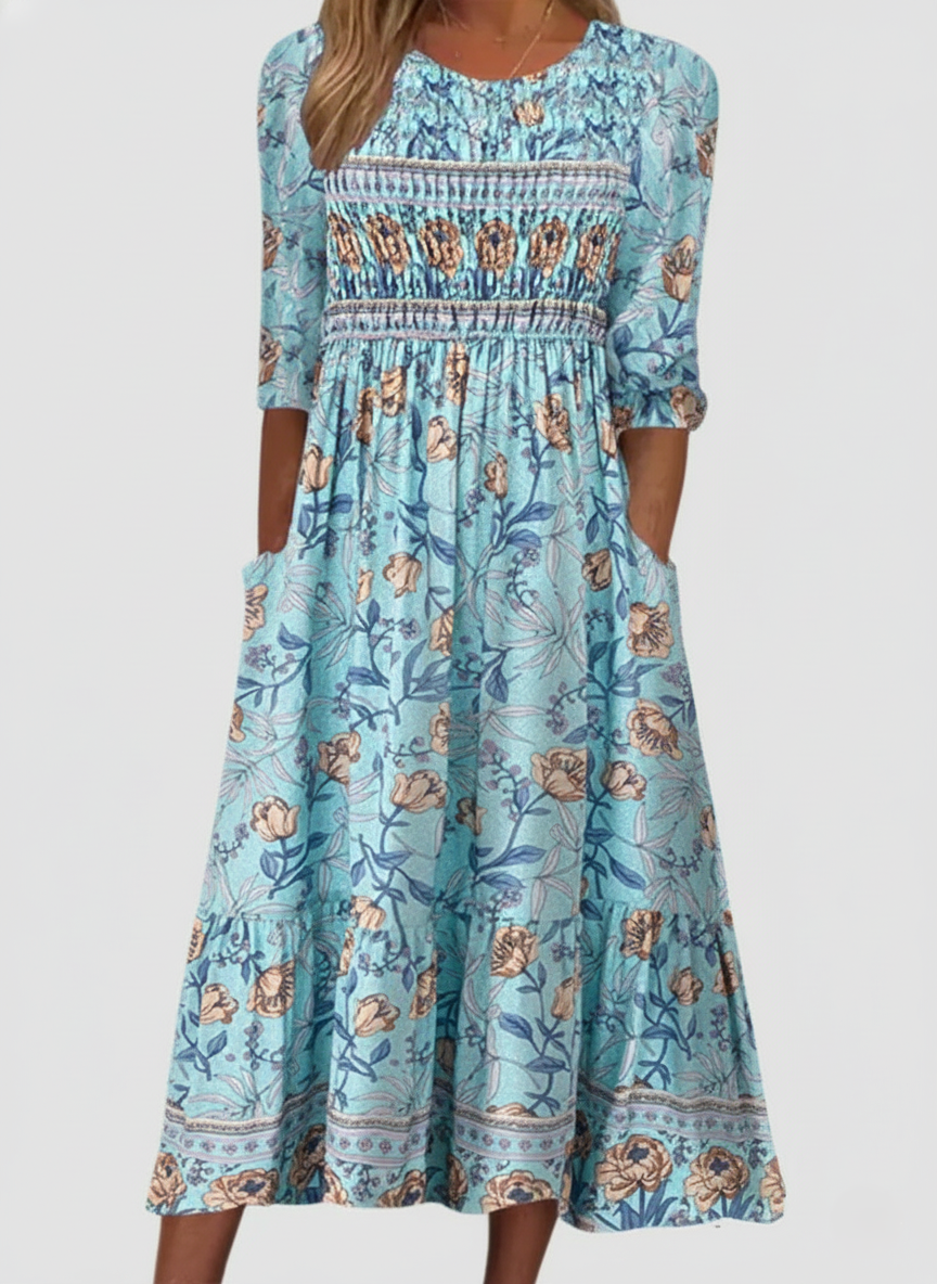 Robe Midi Imprimé Fleuri Pour Femme Avec Corsage Smocké Manches Bouffantes Poches Amawinc