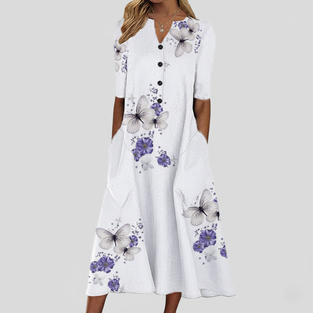 Robe Midi Femme Col V Bouton Devant Manche Courte Coupe Décontractée Mélange Coton Amawinc