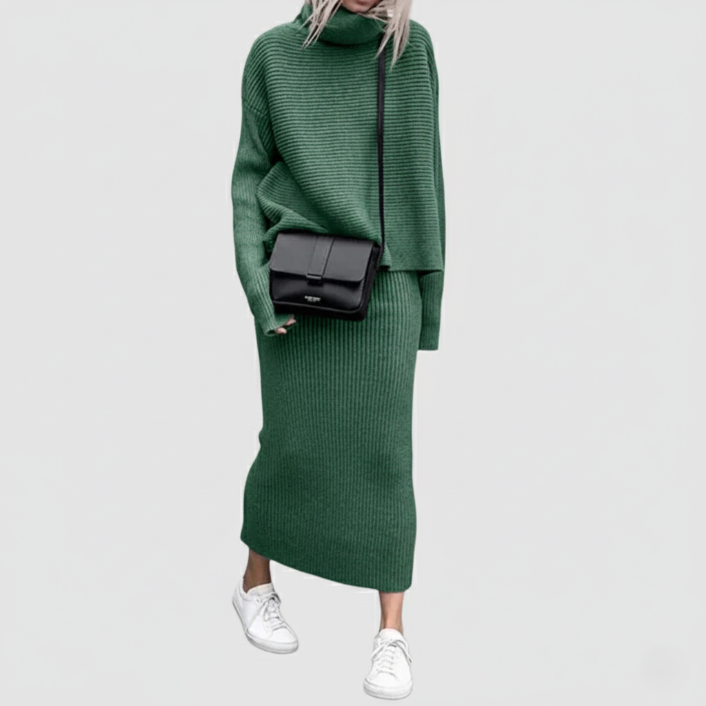 Ensemble Deux Pièces Pull Col Roulé Et Jupe Midi Cintrée En Tricot Cotele Pour Femmes