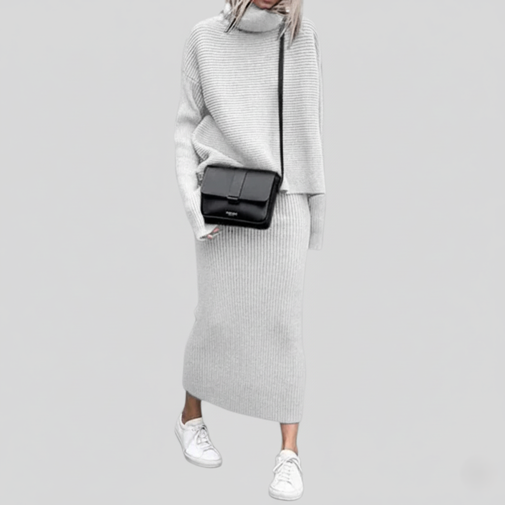 Ensemble Deux Pièces Pull Col Roulé Et Jupe Midi Cintrée En Tricot Cotele Pour Femmes