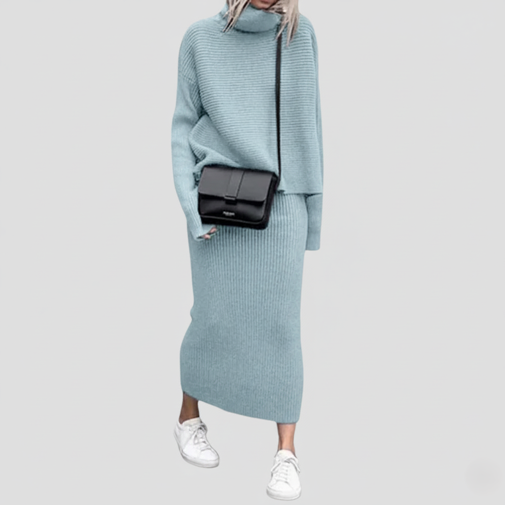 Ensemble Deux Pièces Pull Col Roulé Et Jupe Midi Cintrée En Tricot Cotele Pour Femmes