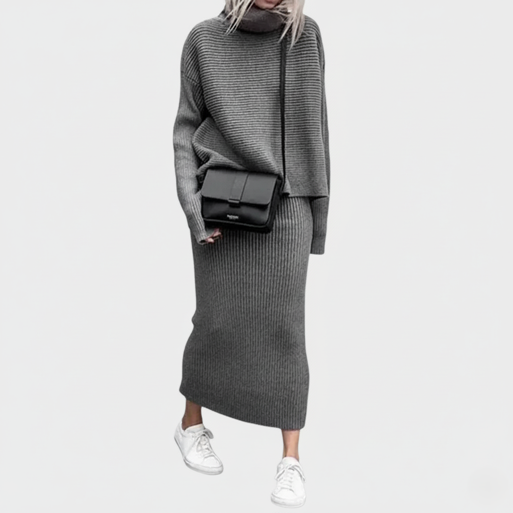 Ensemble Deux Pièces Pull Col Roulé Et Jupe Midi Cintrée En Tricot Cotele Pour Femmes