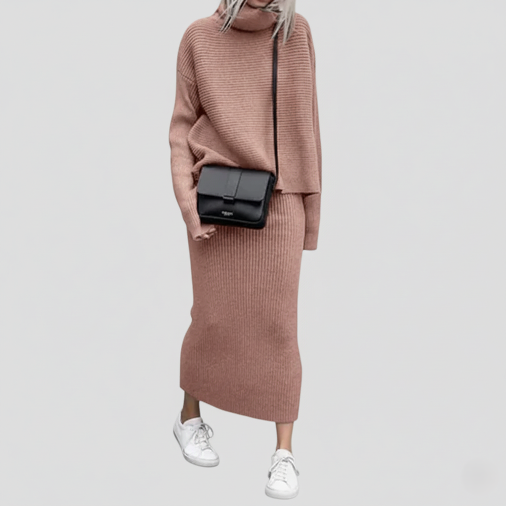 Ensemble Deux Pièces Pull Col Roulé Et Jupe Midi Cintrée En Tricot Cotele Pour Femmes