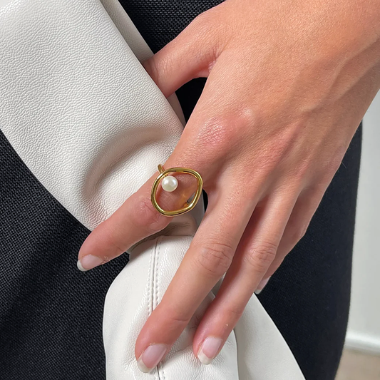 Women's Gold-Tone Open Circle Ring with Pearl Accent - Amawinc