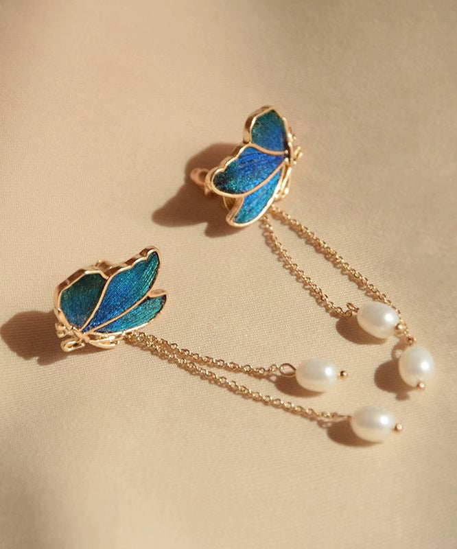Boucles d'oreilles pendantes papillon à pampilles en perles et cuivre bleu dégradé - Amawinc