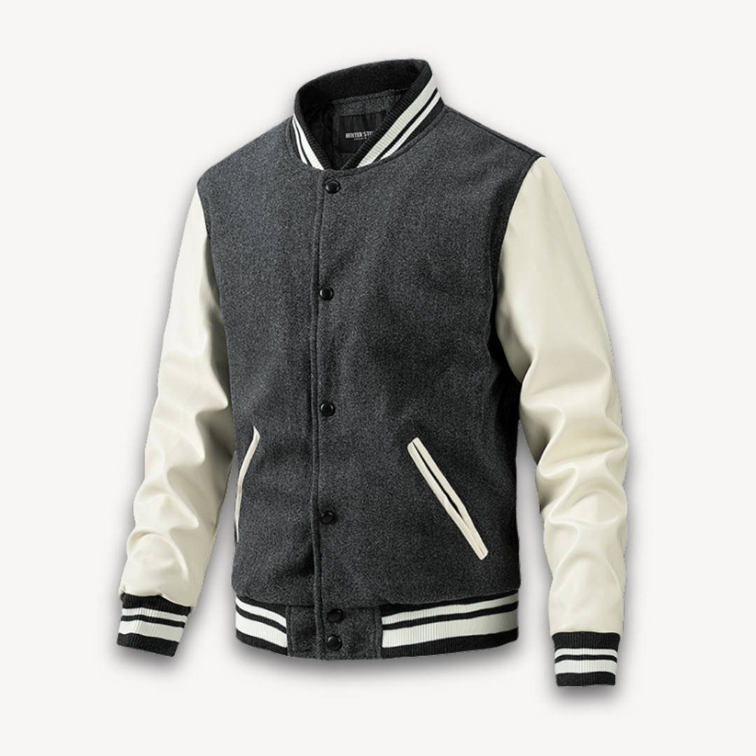 Veste Varsity Homme À Coupe Classique Avec Corps À Aspect Laine Et Manches En Cuir Fermeture Boutons-Pression