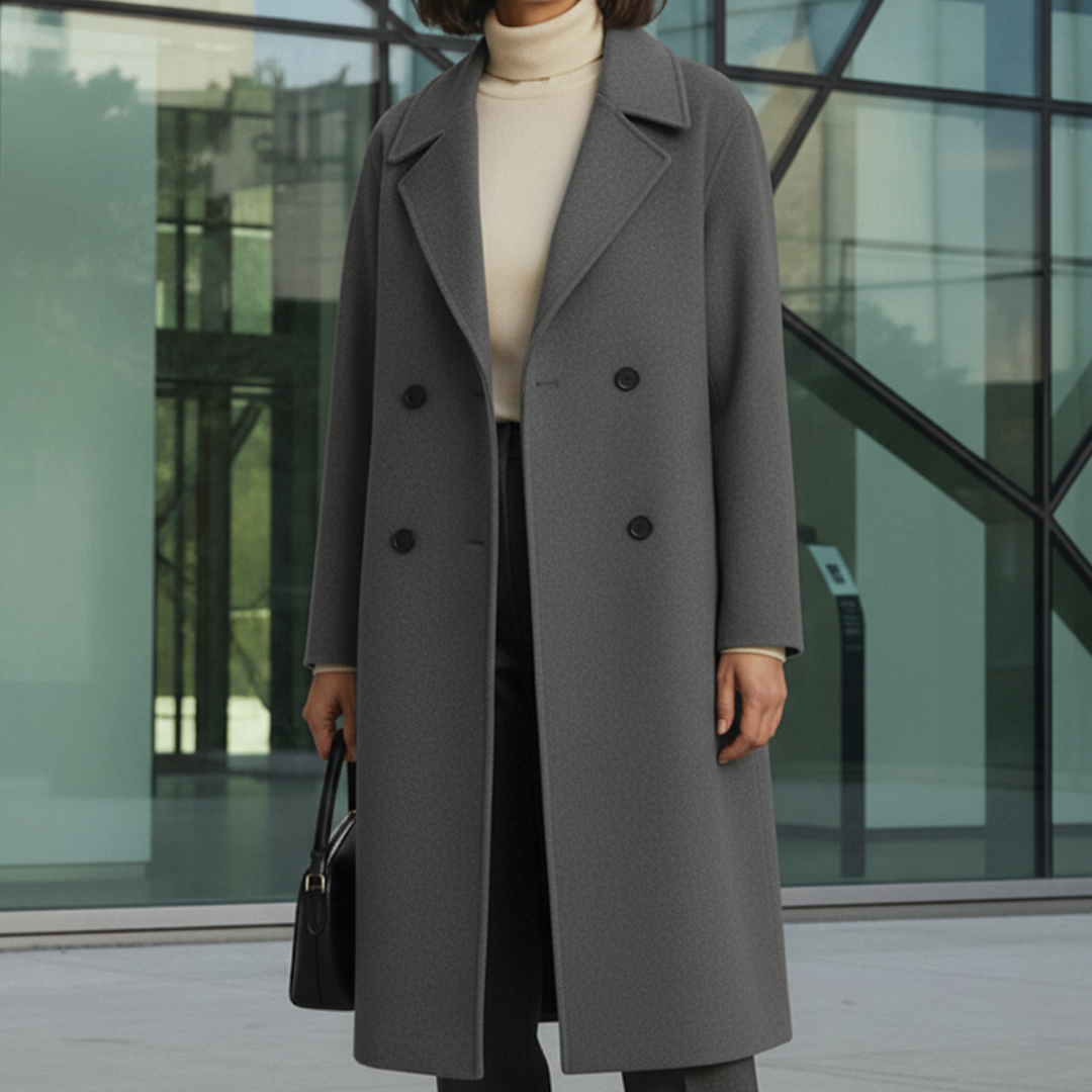 Maria Manteau Trench Élégant Double Boutonnage Grands Revers Longueur Genou Automne Hiver