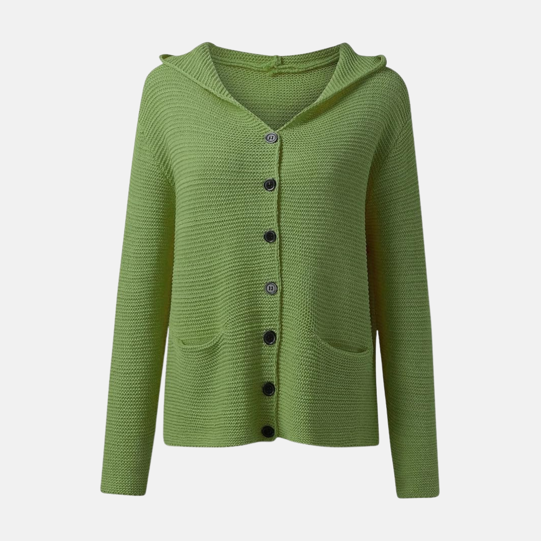 Cardigan En Maille À Capuche Pour Femmes Coupe Décontractée Bouton Devant Poches Patch Poignets Côtes