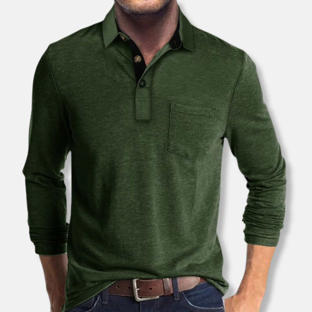 Polo Homme Manches Longues En Maille Coton Mélangé Col Contrasté Coupe Regular Pour Style Smart Casual Décontracté