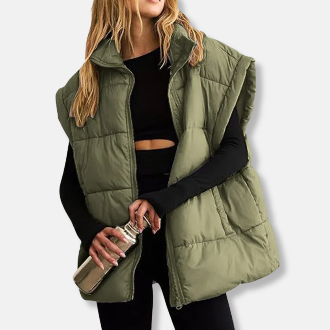Gilet Puffer Matelassé Pour Femme À Col Debout Longueur Des Hanches Avec Doublure Légère Amawinc