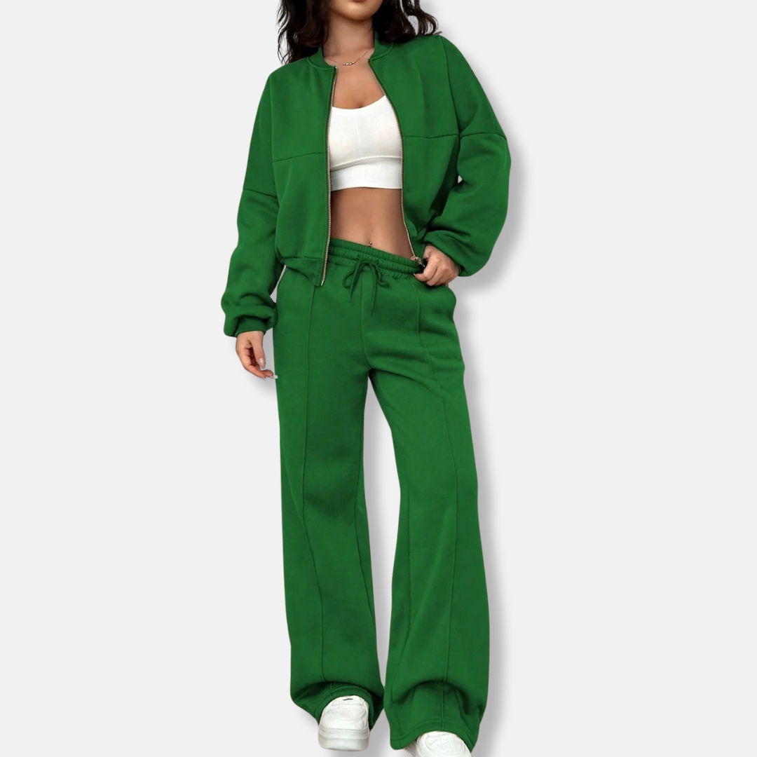 Ensemble Deux Pièces Loungewear Pour Femme Veste Bomber Décontractée Pantalon Taille Haute Évasé