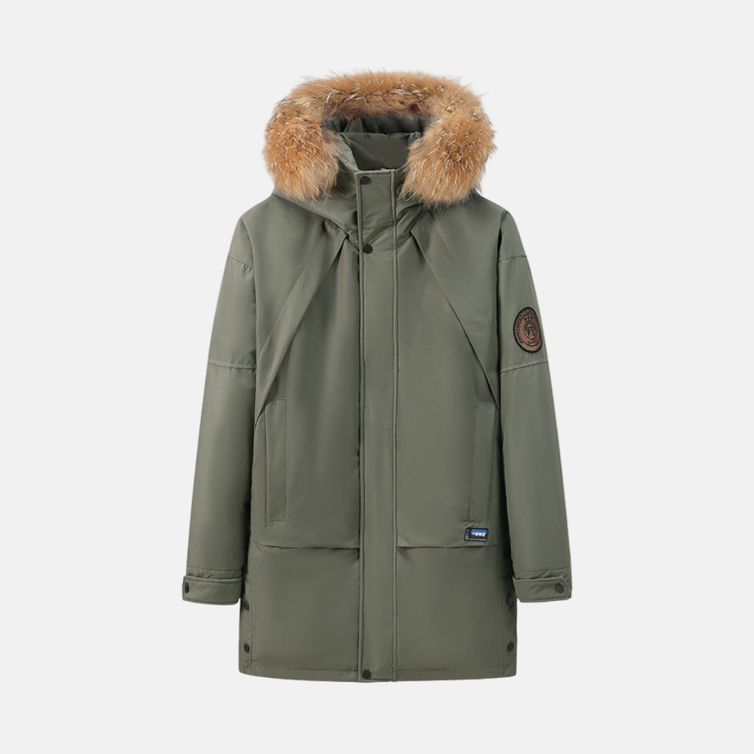 Parka Homme Capuche Amovible Bordure Fourrure Synthétique Longueur Mi-Cuisse Extérieur Tissé Lisse