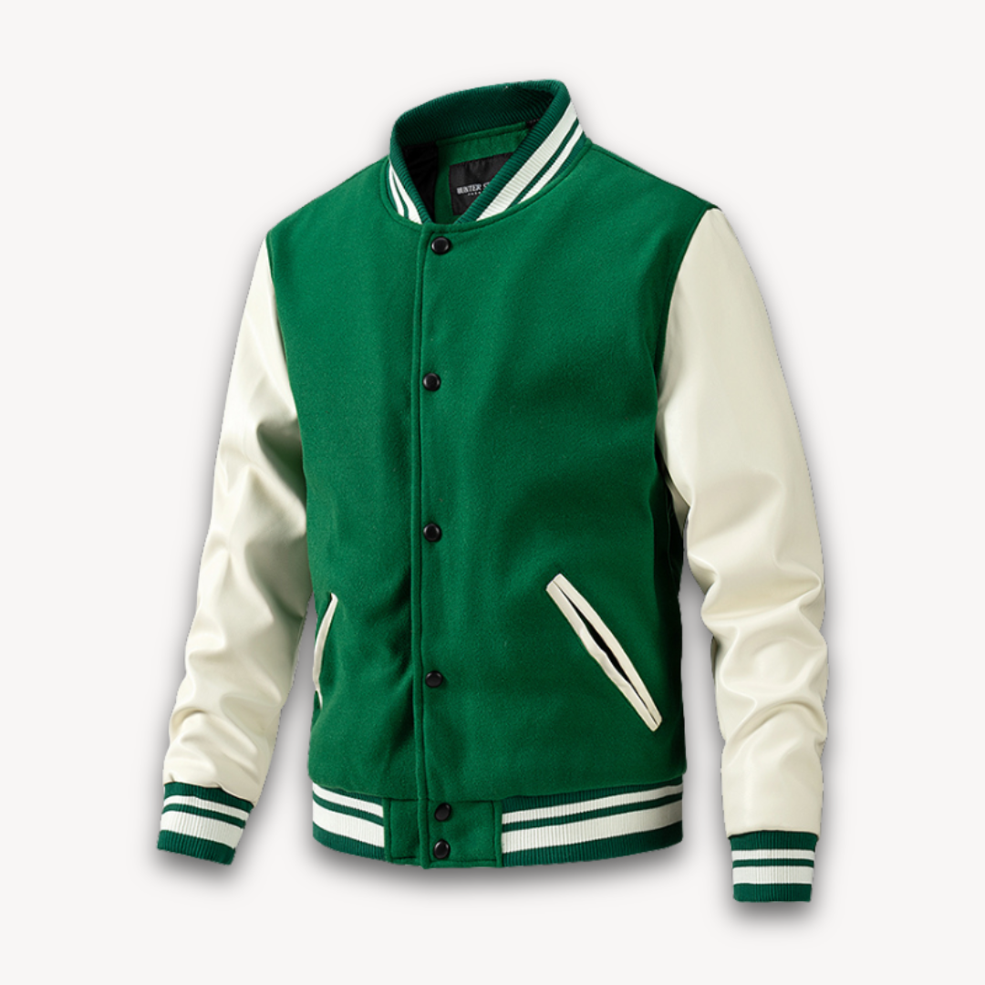 Veste Varsity Homme À Coupe Classique Avec Corps À Aspect Laine Et Manches En Cuir Fermeture Boutons-Pression