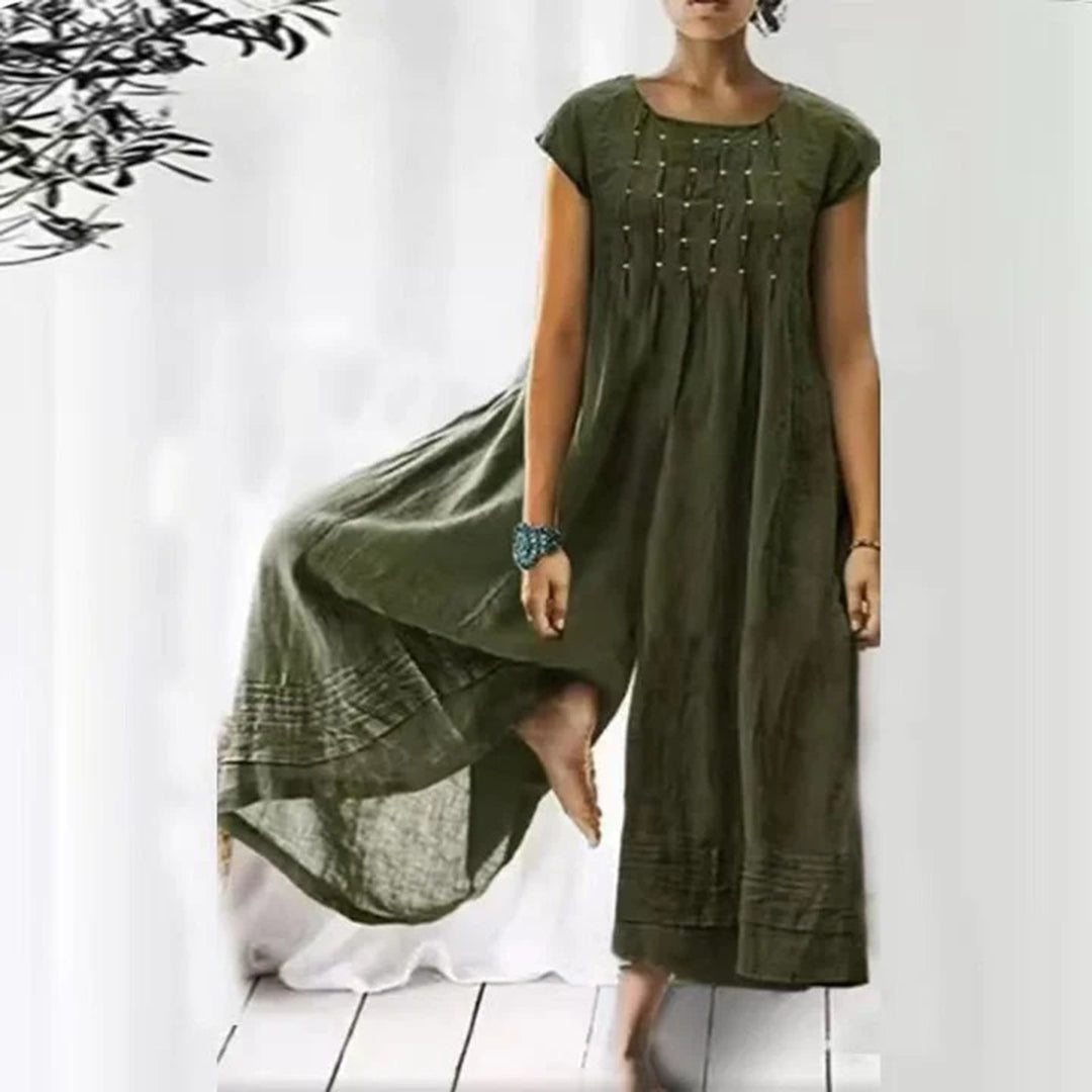 Robe Femme Bohème Amawinc Longue Aérée Coupe Fluide Manches Courtes Encolure Ronde Coton Mélangé Léger