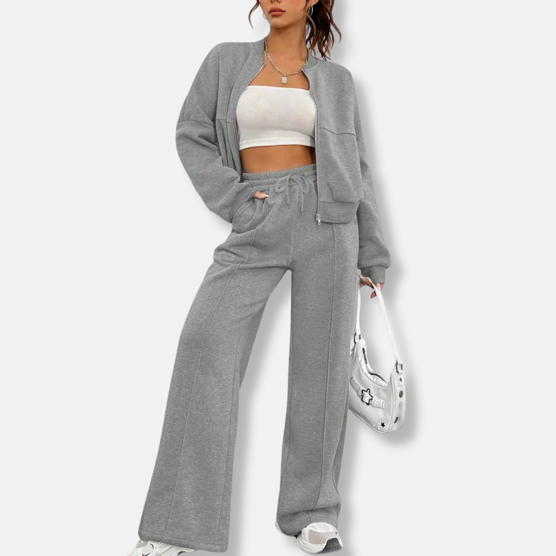 Ensemble Deux Pièces Loungewear Pour Femme Veste Bomber Décontractée Pantalon Taille Haute Évasé