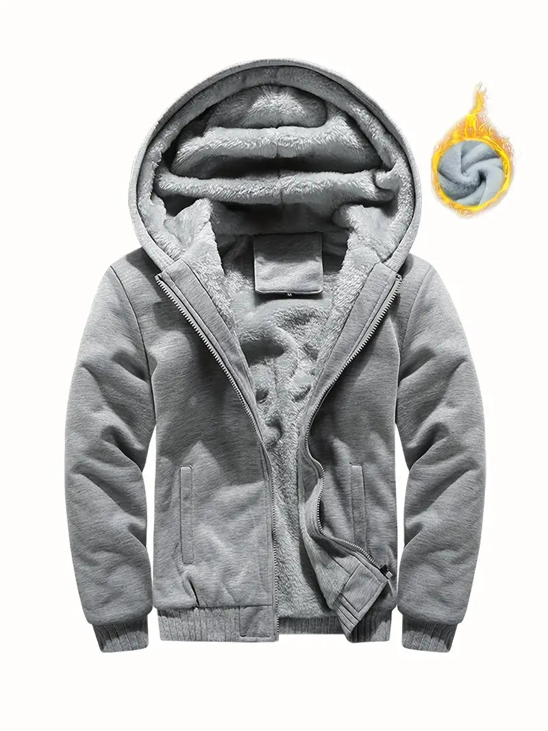 Liazen Fleece Hooded Zipper Jacket, Solid Color Thick Casual Hoodie