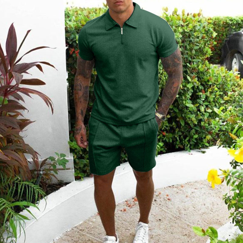 Ensemble Polo et Short Beige Pour Homme à Col Zippé Coupe Classique Été Décontracté