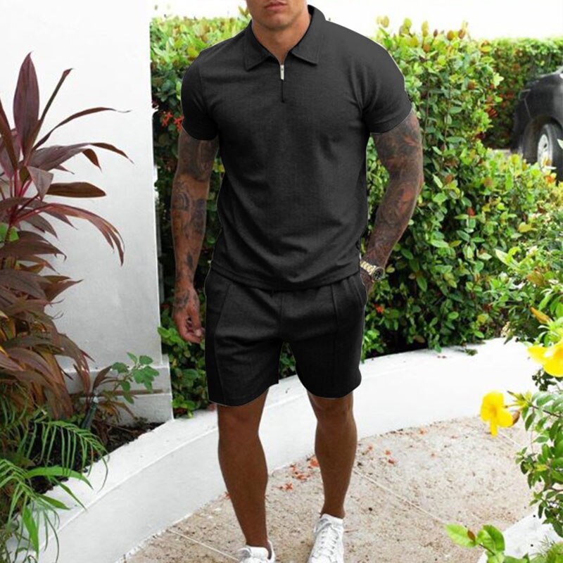 Ensemble Polo et Short Beige Pour Homme à Col Zippé Coupe Classique Été Décontracté