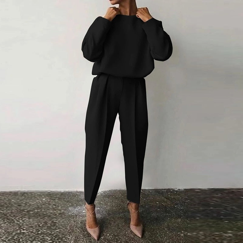 Nordisk Flair Ensemble Deux Pièces Femme Top Décontracté À Manches Bouffantes Pantalon Taille Haute Fuselé