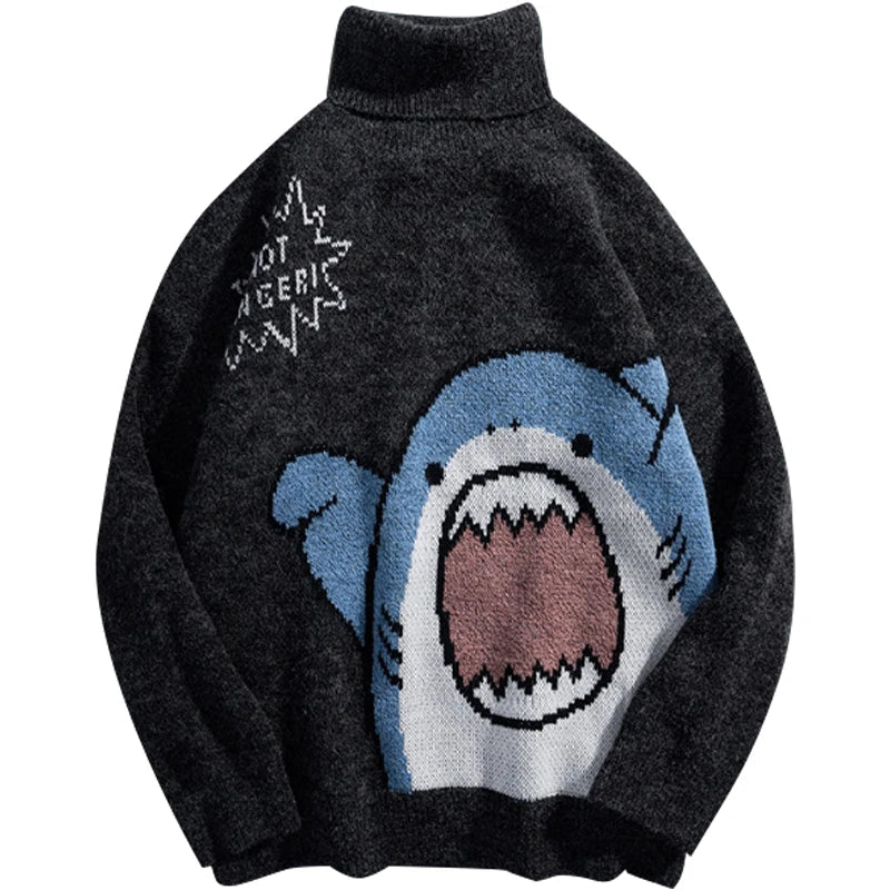 Pull Tricot Oversize Requin Harajuku Avec Graphique Audacieux Motif Requin Col Roulé Chaud