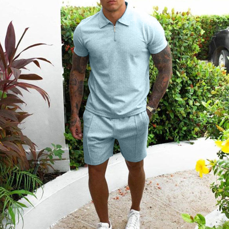 Ensemble Polo et Short Beige Pour Homme à Col Zippé Coupe Classique Été Décontracté