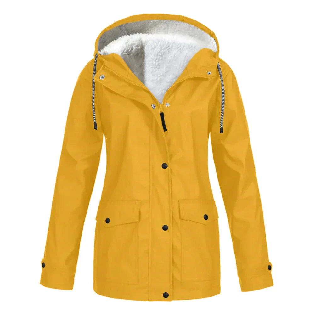Veste De Pluie Pour Femme Doublée Polaire Coupe Décontractée À Capuche Mi Longue Imperméable