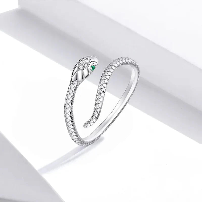 Bague Serpent Argent 925 Plaquee Platine Avec Oeil Zircone Verte Ajustable Elegante Et Puissante