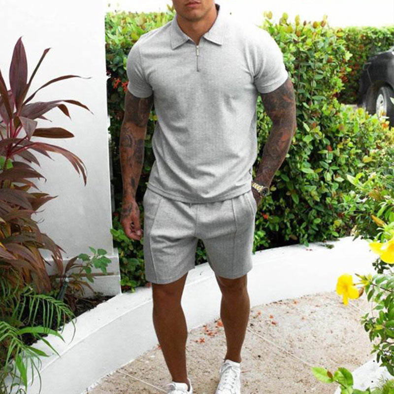 Ensemble Polo et Short Beige Pour Homme à Col Zippé Coupe Classique Été Décontracté