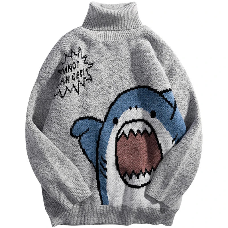 Pull Tricot Oversize Requin Harajuku Avec Graphique Audacieux Motif Requin Col Roulé Chaud