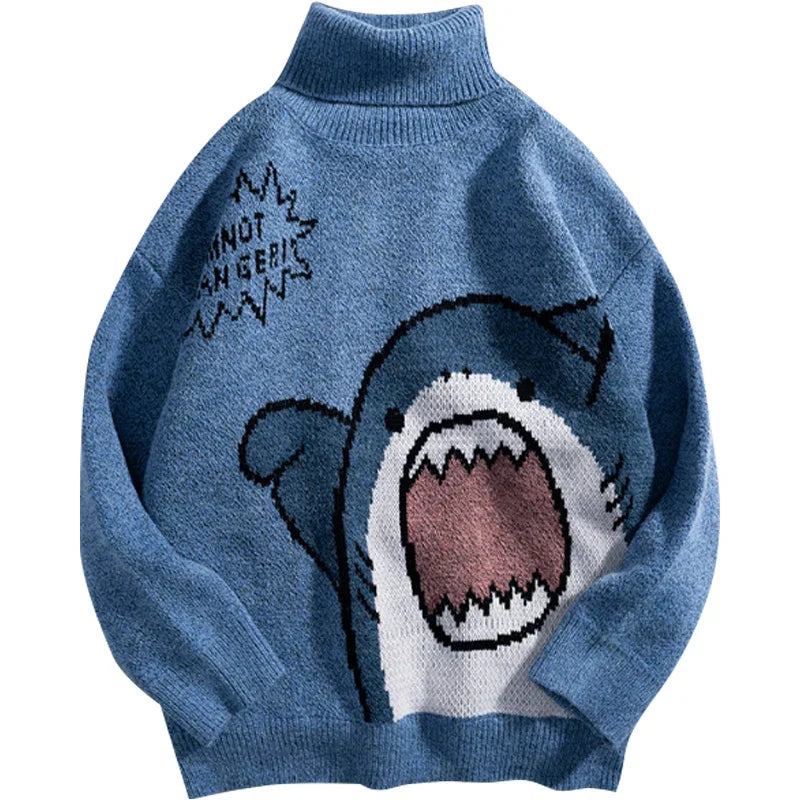 Pull Tricot Oversize Requin Harajuku Avec Graphique Audacieux Motif Requin Col Roulé Chaud