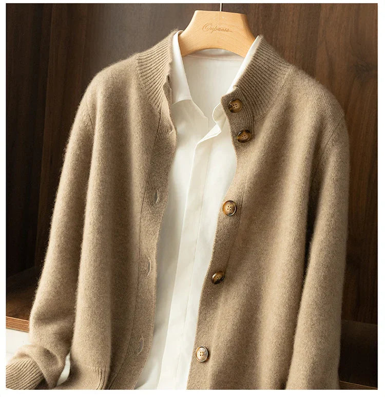 Cardigan En Cachemire Aveline Park Pour Femme Col Haut Côtes Poignets Boutons Marron