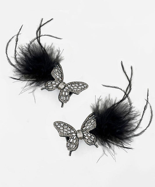 Épingle à cheveux en alliage de zircon noir faite à la main avec plumes de papillon - Amawinc