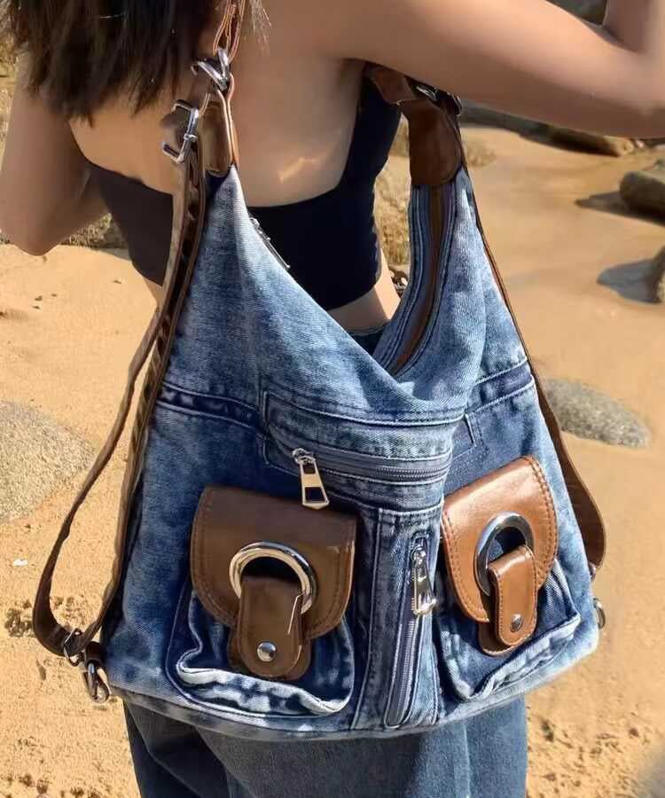 Sac à main en denim bleu polyvalent de grande capacité fait main - Amawinc