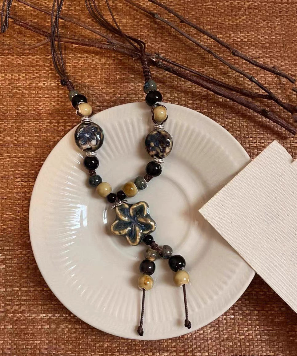 Collier pendentif en céramique fait main en alliage de café et corde cirée - Amawinc