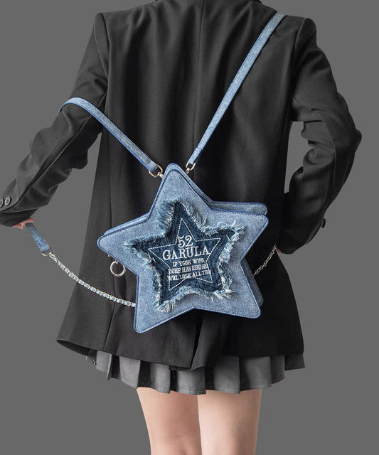 Sac à dos patchwork en denim bleu à pompons fait main - Amawinc