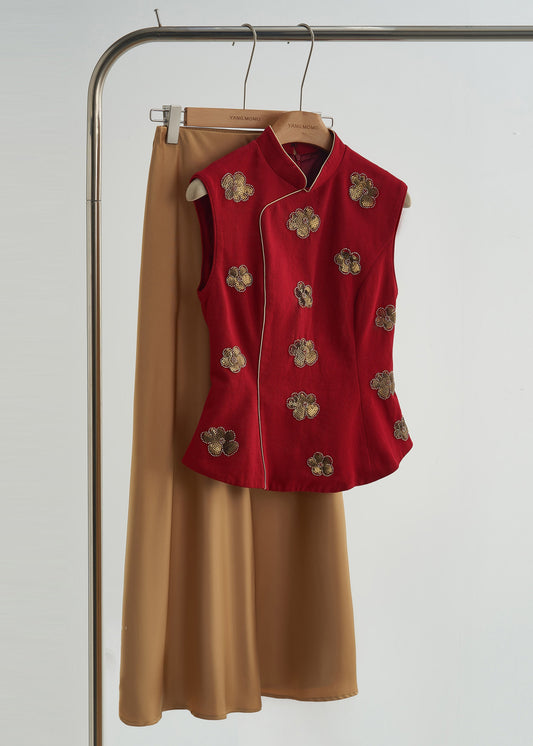 Gilets en coton à fleurs et sequins, col mandarin, confectionnés à la main, couleur mûrier. Automne - Amawinc