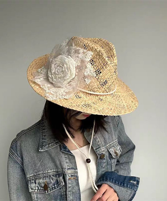 Chapeau de cowboy en paille tissée ajourée avec dentelle et fleurs, fait à la main - Amawinc
