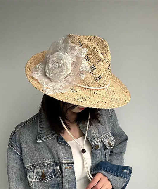 Chapeau de cowboy en paille tissée ajourée avec dentelle et fleurs, fait à la main - Amawinc