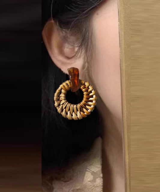 Boucles d'oreilles créoles tissées à la main en alliage jaune et bambou - Amawinc