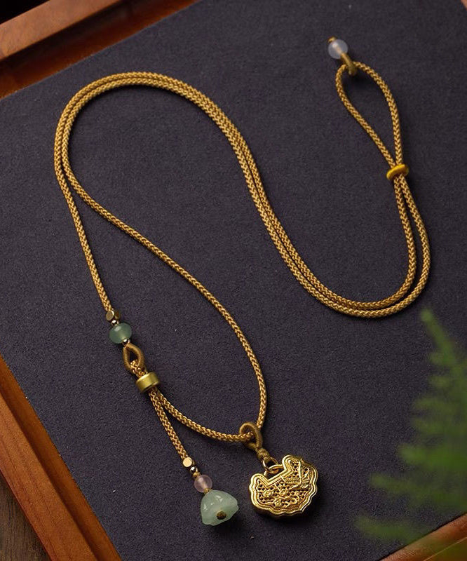 Collier pendentif en agate de jade et jade doré sur cuivre jaune fait main - Amawinc