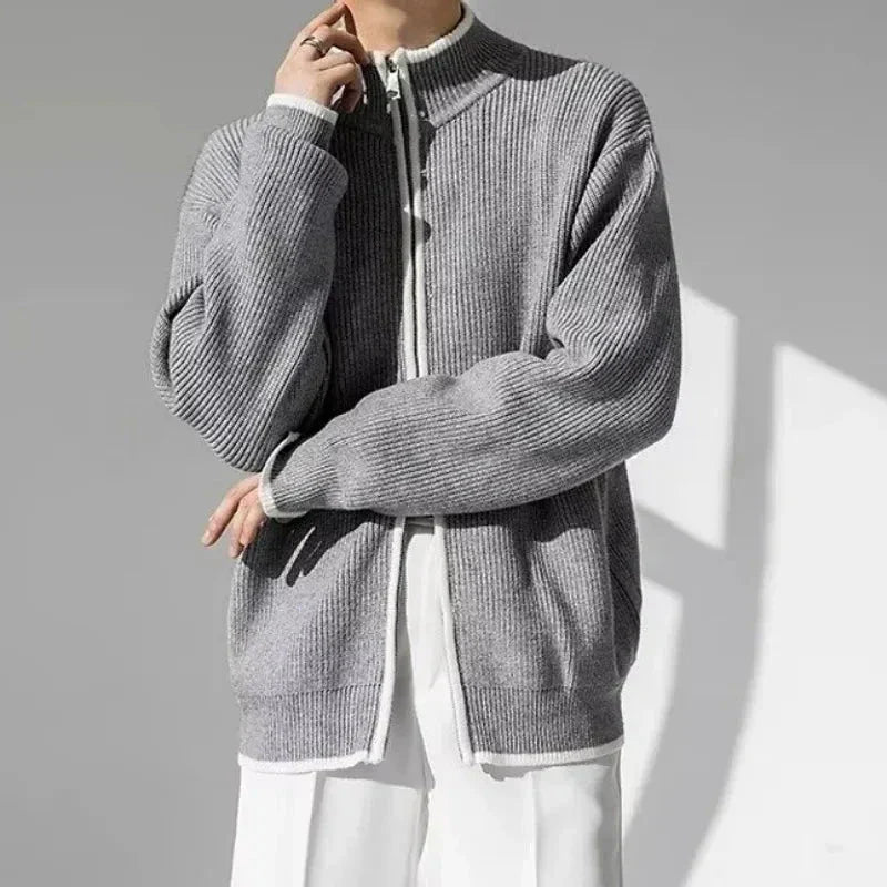 Hank Cardigan En Maille À Bordure Contrastée Pour Homme Zip Entier Avec Tissu Premium Amawinc