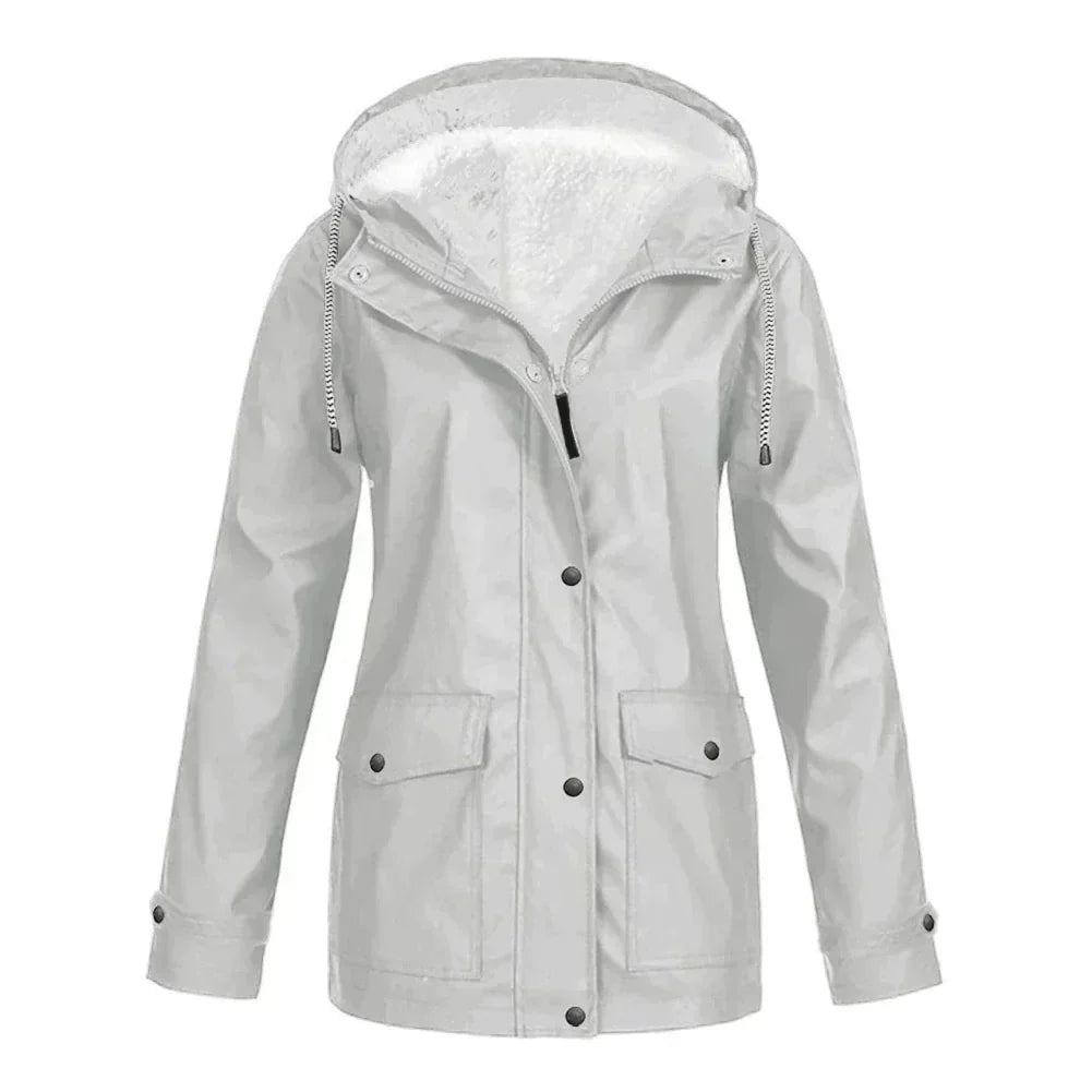 Veste De Pluie Pour Femme Doublée Polaire Coupe Décontractée À Capuche Mi Longue Imperméable