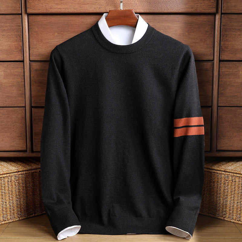 Pull Homme En Laine Mélangée Col Montant Détails Rayures Manches Coupe Classique