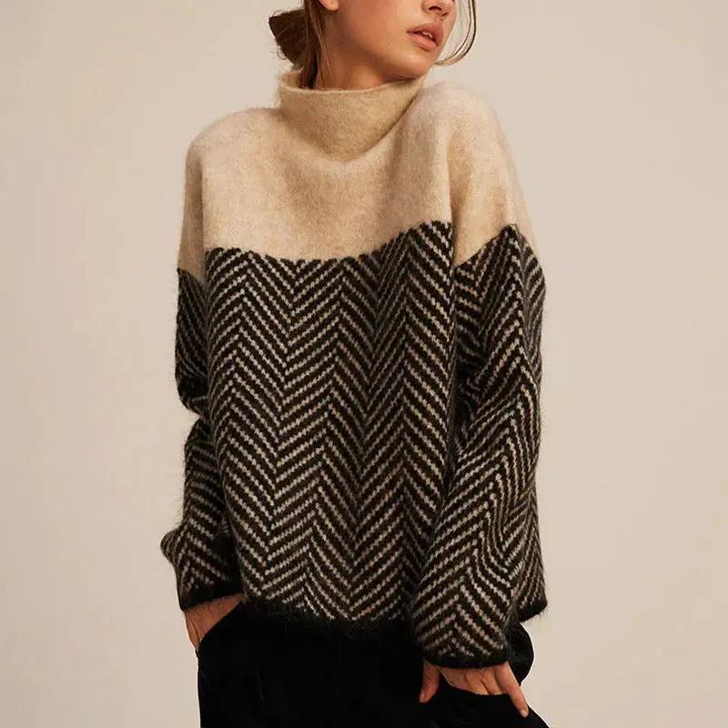 Pull Oversize Femme Motif Herringbone Confortable Pour Superposition Chic Chaud Parfait Automne Hiver