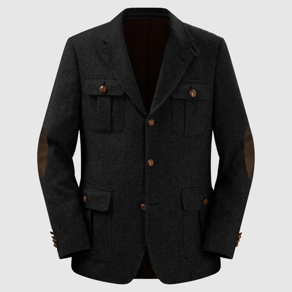Amawinc Blazer Homme Cintré Motif Herringbone À Poches Patch Pour Automne Hiver Mariages