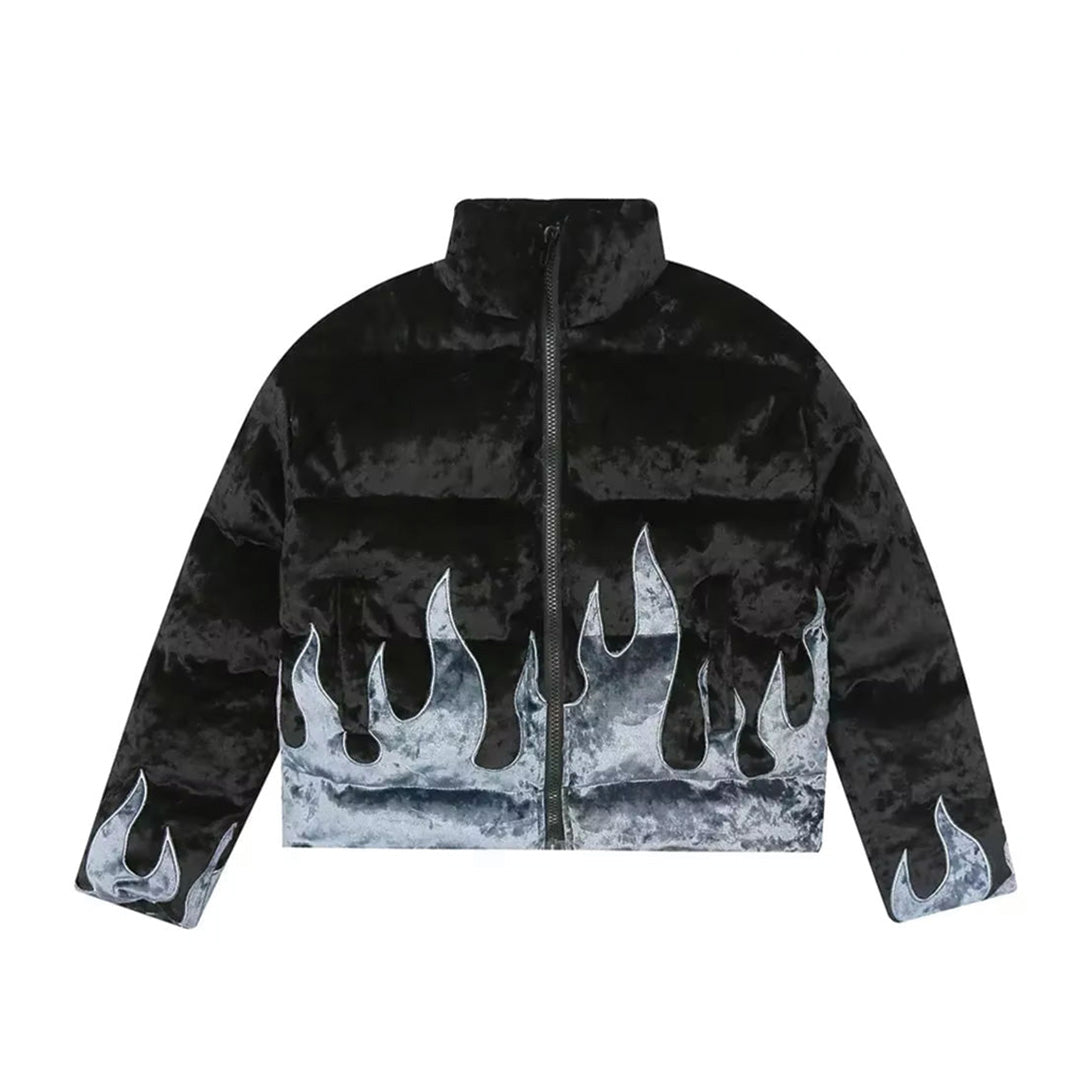 Doudoune Matelassée Avec Broderie En Flammes Col Montant Isolation En Duvet Coton Et Polyester Fermeture Éclair